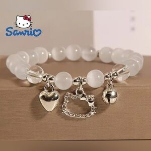 Hello Kitty Y2K Style Beaded Elastic Bracelet With Heart-Shaped Charms NIP